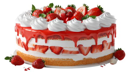 Realistic 3D render of a strawberry birthday cake with whipped cream and fresh berries, ideal for advertising, white studio background 