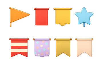 Colorful set of 3d festive flags and banners with different shapes and designs