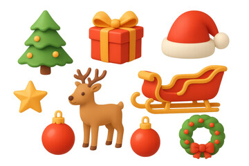 Fototapeta premium Festive 3d christmas icons featuring santa hat, gift, tree, reindeer, and sleigh