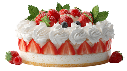 Realistic 3D render of a strawberry birthday cake with whipped cream and fresh berries, ideal for advertising, white studio background 