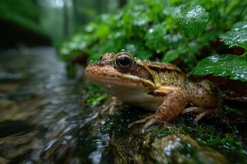 Obraz premium Frog by a mountain stream in a lush forest after rain