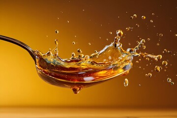 Golden syrup splashes from a spoon.