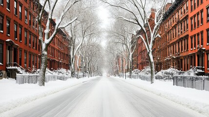 A serene winter scene showcases snow-covered streets lined with classic red-brick buildings and bare trees, This image is ideal for winter-themed projects, urban landscapes, or seasonal promotions,