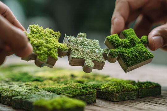Green business corporate put jigsaw together for sustainable environment development goal. Group of volunteers help solve environmental problem together. World environment day, ESG and CSR concept
