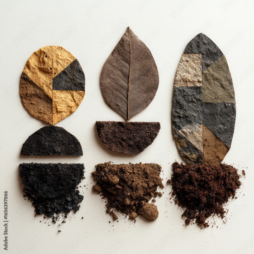 Poster natural earth tones and textures with leaf patterns and soil samples on a plain background for eco-f