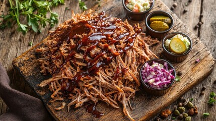 Delicious pulled pork with rich barbecue sauce on rustic wooden board served with pickles and purple coleslaw for authentic American dining experience