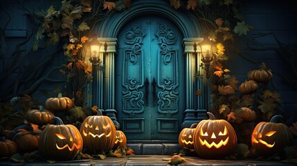 Obraz premium house entrance decorated with carved pumpkins
