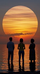 夕焼けの大地と三つの影