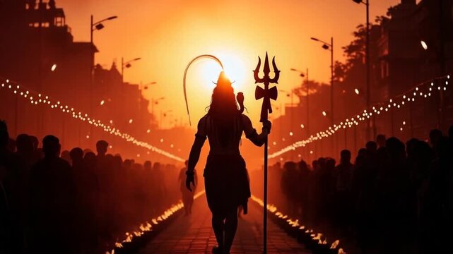 Silhouette of Lord Shiva with Trident Against Orange Sunset Sky and Large Crowd in India Religious Festival