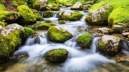 A serene stream flows through a lush, green landscape, with moss-covered rocks adding texture to the scene, This image is ideal for nature-related projects, wellness themes