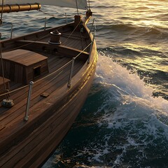 夕陽に染まる木造船の躍動感