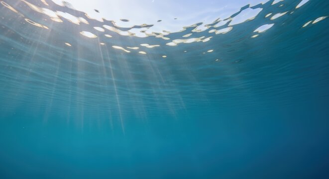 underwater sun rays breaking through water surface in blue ocean