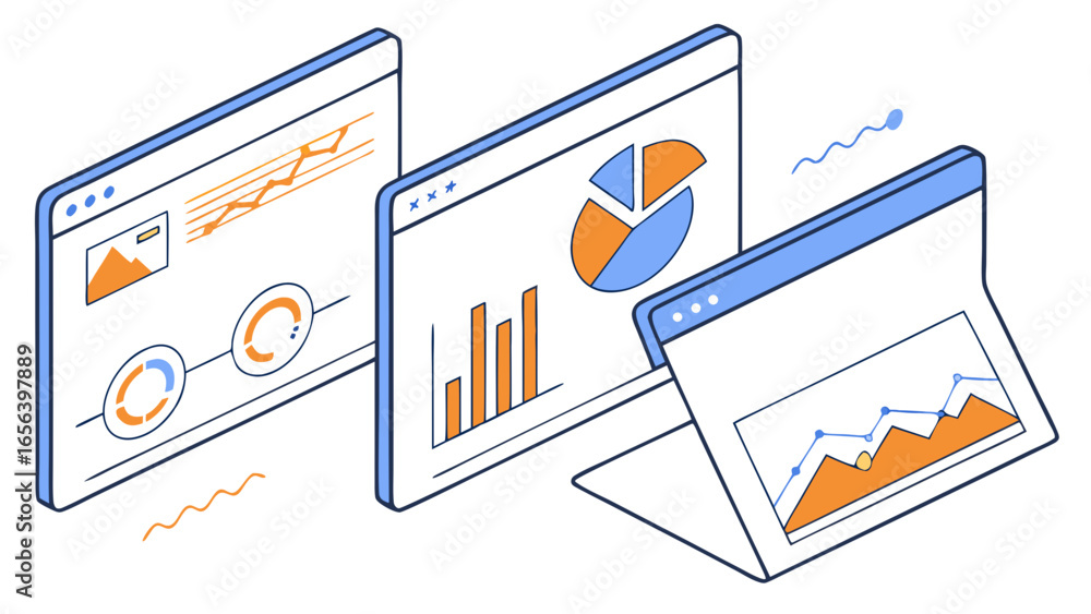 Poster overlapping computer screens displaying data charts.
