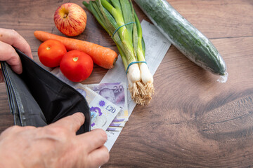 A UK cost of living, inflation concept with a person holding a empty purse on a table with Sterling...