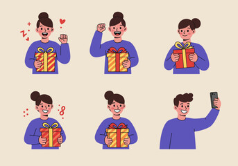 Happy people receiving and sharing gifts, expressing joy and excitement.