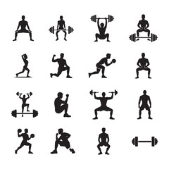 Gym Web Icons Set, fitness workout symbols, bodybuilding and strength training silhouettes, weightlifting and exercise poses, gym activity vector illustration