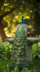 Naklejka premium Majestic Peacock in Serene Garden Setting
