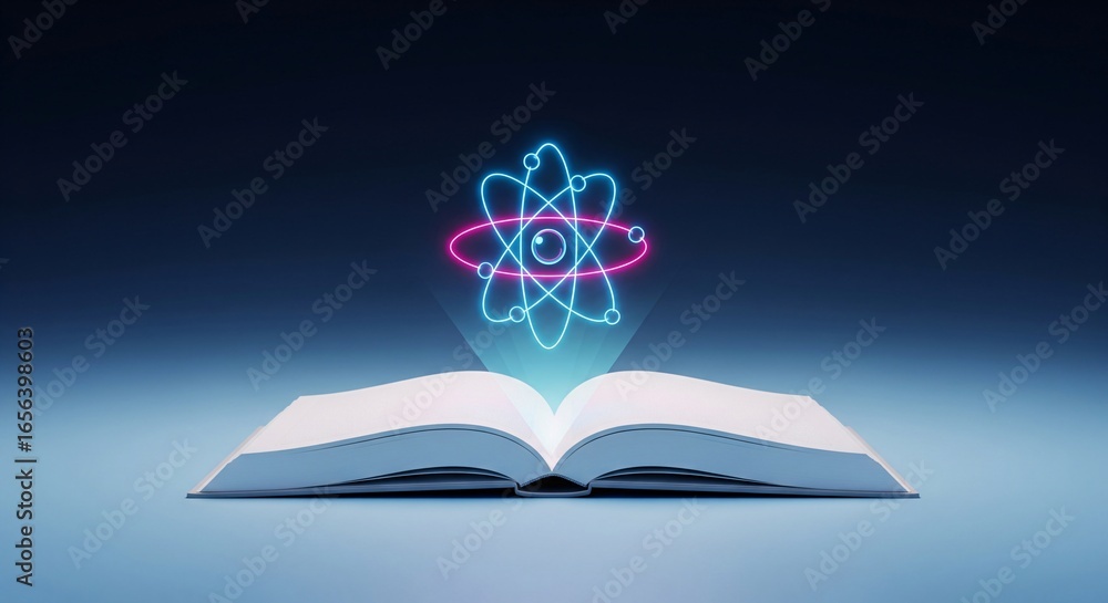 Poster an open book emits a glowing atom representing science and knowledge.