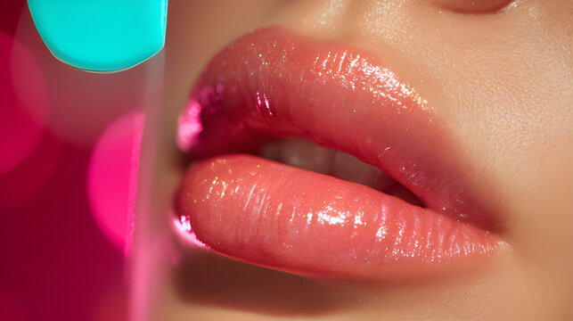 Lip balm packaging beauty. Model applying gloss paint lipstick on the lip. Pink lips with glittering lip gloss application lip enhancement balm. Close up of a woman applying lipstick