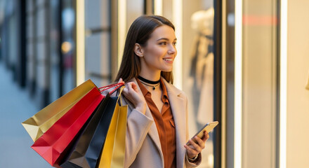 A fashionable young woman enjoys a day of retail therapy window shopping with a phone in one hand and many colorful shopping bags in the other perfect for lifestyle blogs