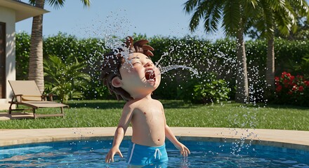 水しぶきと笑顔の3Dアニメーション