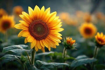 Obraz premium Golden sunflower in field at dawn