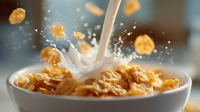 Close up of milk pouring into a bowl of corn flakes creating a splash for breakfast