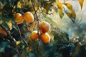 A sunlit watercolor painting depicts a cluster of ripe, orange-yellow fruits hanging from a branch amidst lush, dark green foliage, bathed in soft light, 