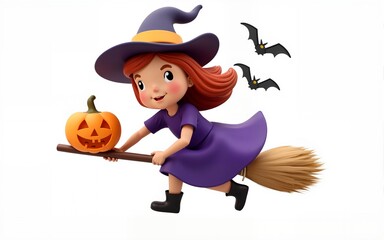 3d illustration of good witch flying on a broomstick with a pumpkin and bats, isolated on transparent background. High quality