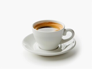 Freshly brewed coffee served in a white cup on a simple saucer with a smooth surface, inviting warm aroma and rich flavor