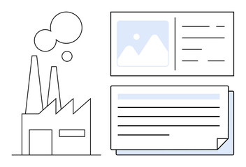 Factory emitting smoke beside a document and report layout with text and image placeholders. Ideal for industry, manufacturing, analytics, business, data, communication, reporting. Simple flat