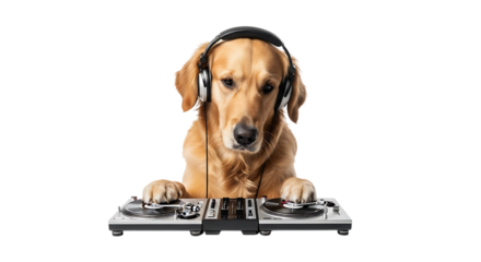 Golden retriever dog dj playing music with headphones isolated on transparent background