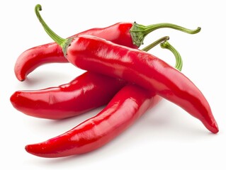 Fresh red chili peppers stacked on a clean white background ready for cooking or seasoning meals