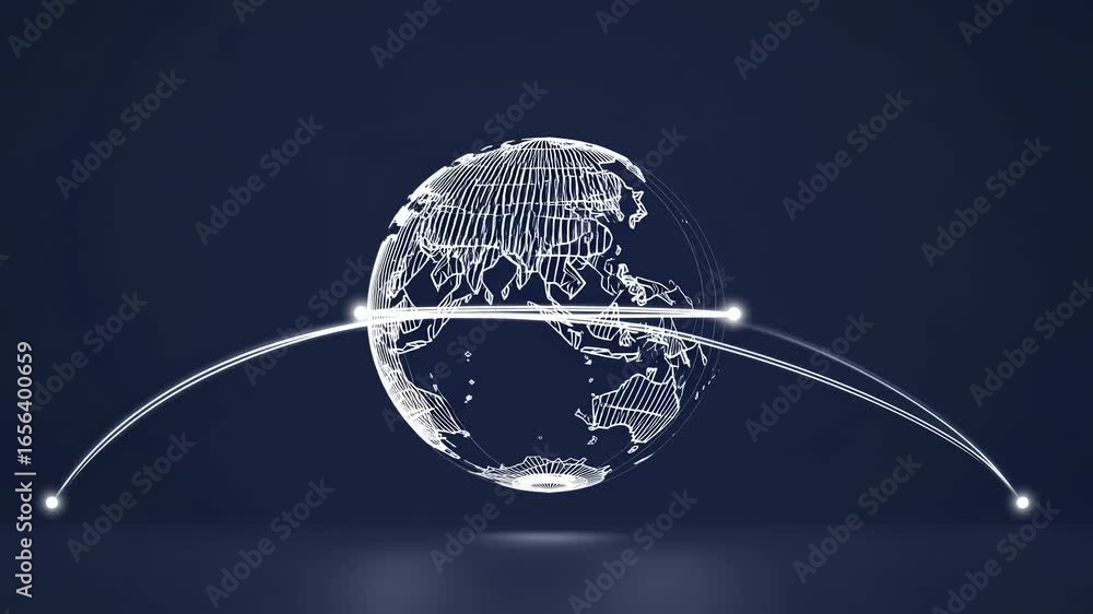 Poster a wireframe globe pulsing with light arcs, representing global connectivity and digital communicatio