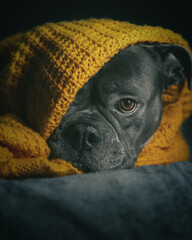 Cozy close up of a dog snuggling under a knitted wool blanket on a bed, warm and relaxing home lifestyle concept, comfort, cuddling and hygge atmosphere for autumn and winter themes