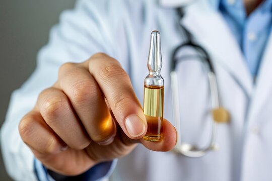 Doctor holding an ampule with yellow liquid in a medical environment