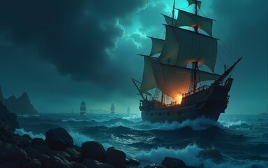 Obraz premium Screaming undead pirate attacking on a ship at night. High quality