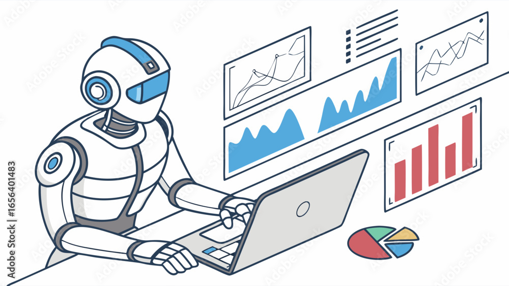 Poster robot analyzing data on laptop with charts and graphs illustration.