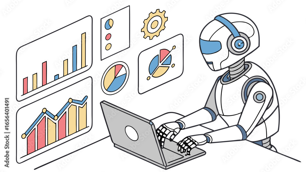 Poster robot analyzing data on laptop with charts and graphs 2.