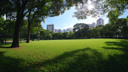 Obraz premium Urban skyline seen from a wide green park under summer sky.