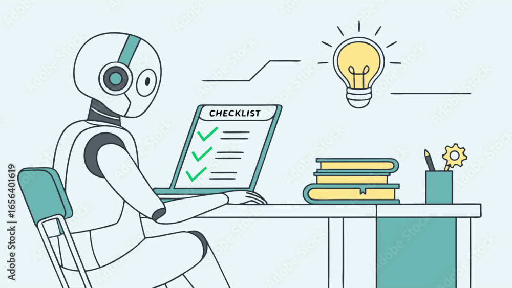 Poster robot completing checklist on laptop with idea lightbulb.