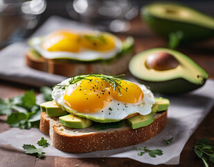 Breakfast sandwich. Toasted bread with fried egg and avocado.