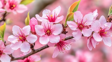 Obraz premium Delicate pink blossoms adorn a branch, creating a vibrant display against a soft, blurred background, This image can be used for themes of spring, beauty, nature, or as a backdrop for floral designs,