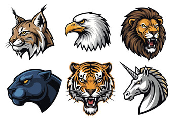 Collection of stylized animal head illustrations including a lynx, eagle, lion, panther, tiger, and unicorn, all depicted in a cartoonish vector style.