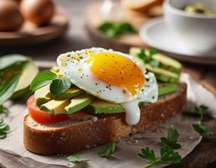 Breakfast sandwich. Toasted bread with fried egg and avocado.