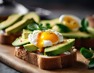 Breakfast sandwich. Toasted bread with fried egg and avocado.