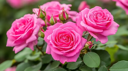 Obraz premium Vibrant pink roses bloom with lush green leaves, ideal for floral arrangements, garden design, or as a decorative element in various marketing materials, Perfect for beauty or nature-themed projects,