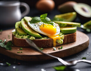 Breakfast sandwich. Toasted bread with fried egg and avocado.