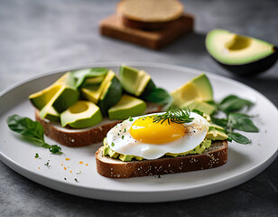 Breakfast sandwich. Toasted bread with fried egg and avocado.