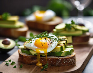 Breakfast sandwich. Toasted bread with fried egg and avocado.